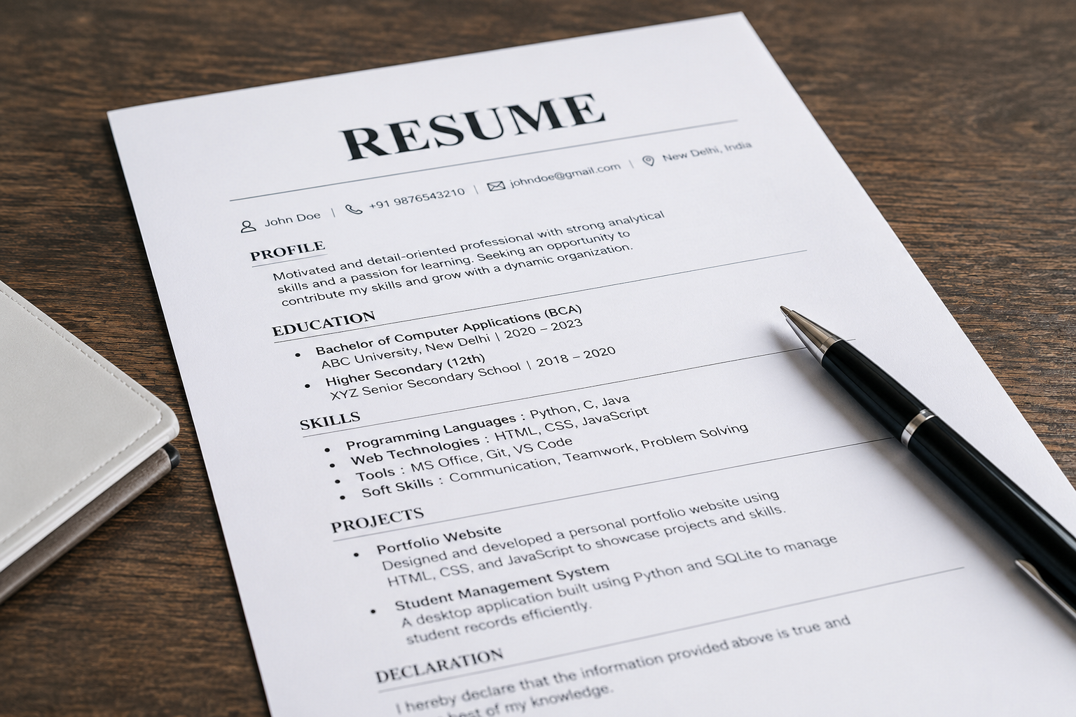 Resume on a desk with a pen